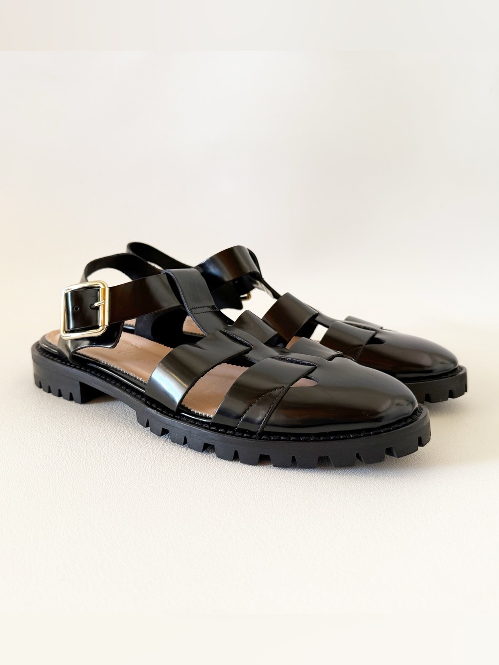 J. Crew Shoes Sandals Fisherman Lacquer leather Buckle Cutout Lug Sole 90’s - Picture 3 of 16